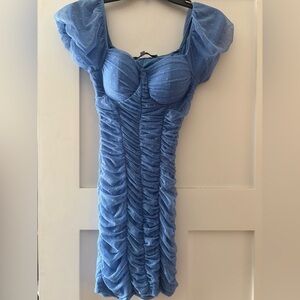 Sky Blue Ruched Puff-Sleeve Mini Dress